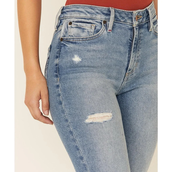 Women's Light Blue Distressed Flare Jeans - Picture 4 of 10